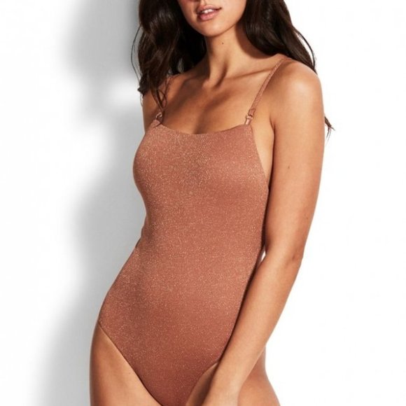 Seafolly Other - Seafolly square neck Mailllot One piece shimmer Stardust swimsuit SZ 10 14